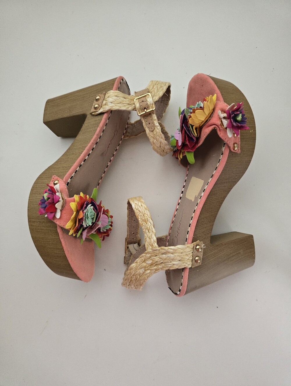 Betsey Johnson Coral Platform Sandals with Multicolor Floral Appliqués - Picture 3 of 16